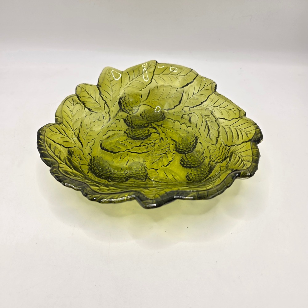 Indiana Glass Loganberry Bowl Olive Green Pressed Glass Vintage Fruit Leaf 7.5"